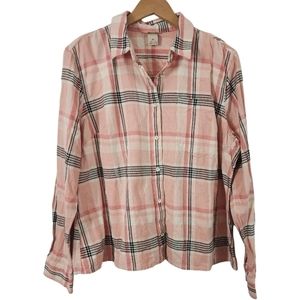 Duluth Trading Co. Pink Flannel Plaid Button Down Short Sleeve Women's Shirt XL